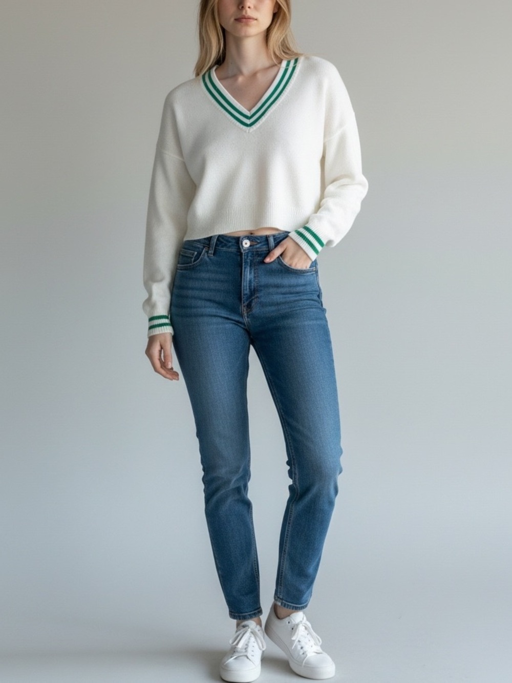 House Of Harlow Cream H Green Trim Cropped V-Neck waffle Knit Sweater Size Small